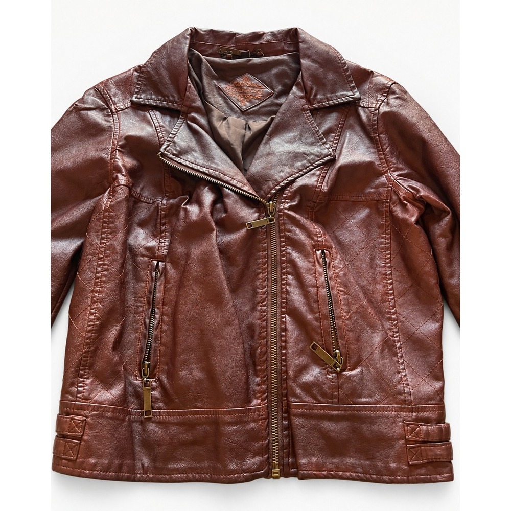 Joujou Brown Faux Leather Moto Jacket Womens Medium Quilted Cropped Biker Coat